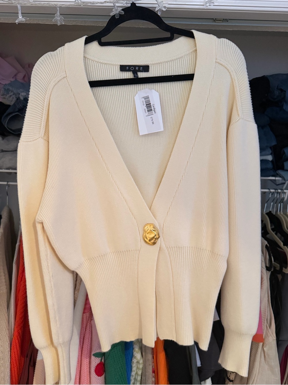 FORE Ivory V-Neck Ribbed Cardigan with Decorative Gold Button